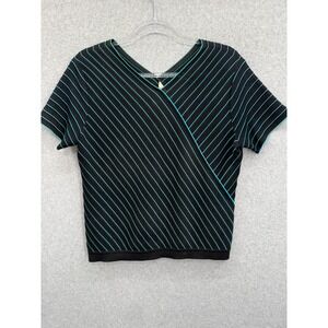 Exclusively Misook Top Women M
 Black Turquoise Diagonal Stripe Faux Wrap Knit